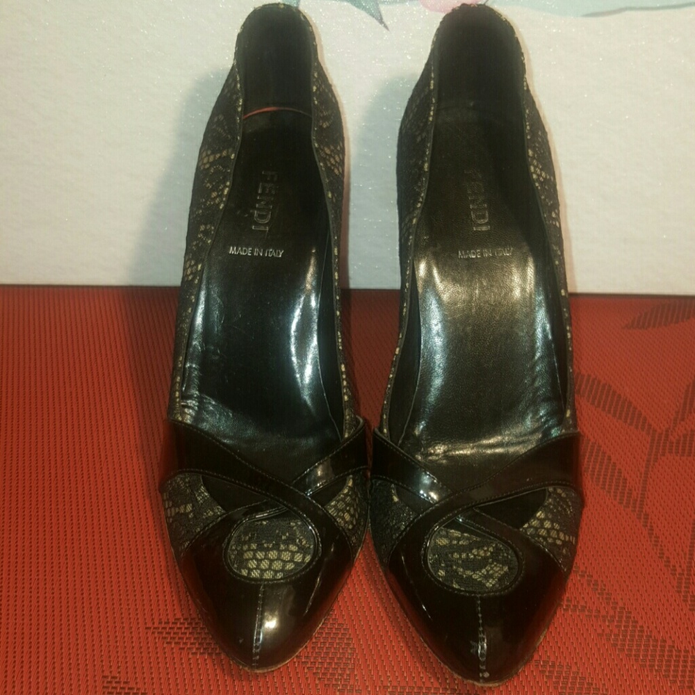 Fendi Black Patent and Lace Heels
